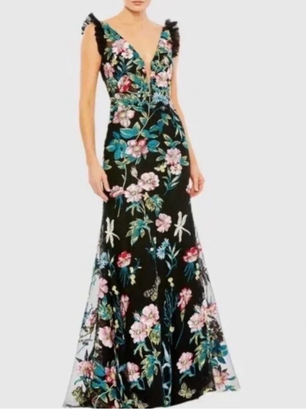 Mac Duggal Black Floral V-Neck Evening Gown with flutter sleeves size 6. NWT - Picture 6 of 15